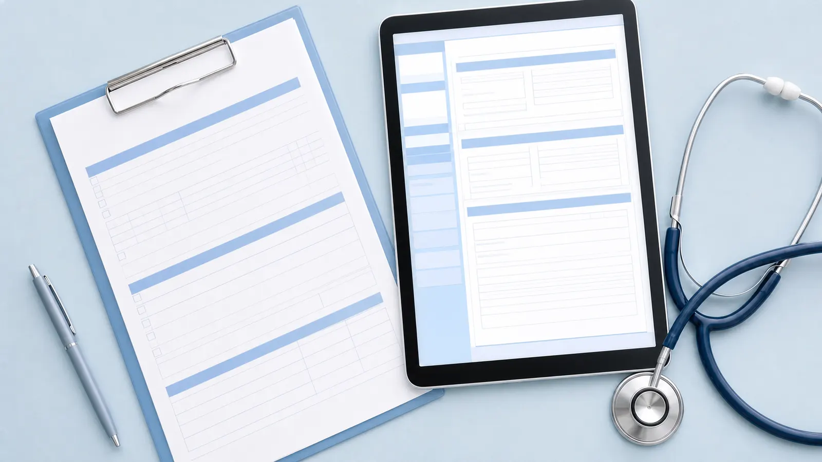 A clean, modern medical clinic workspace showing a clipboard with organized paperwork, a digital tablet displaying structured forms, and a stethoscope on a desk β representing a professional healthcare documentation and reporting system. Soft blue and white tones, top-down perspective, no people.