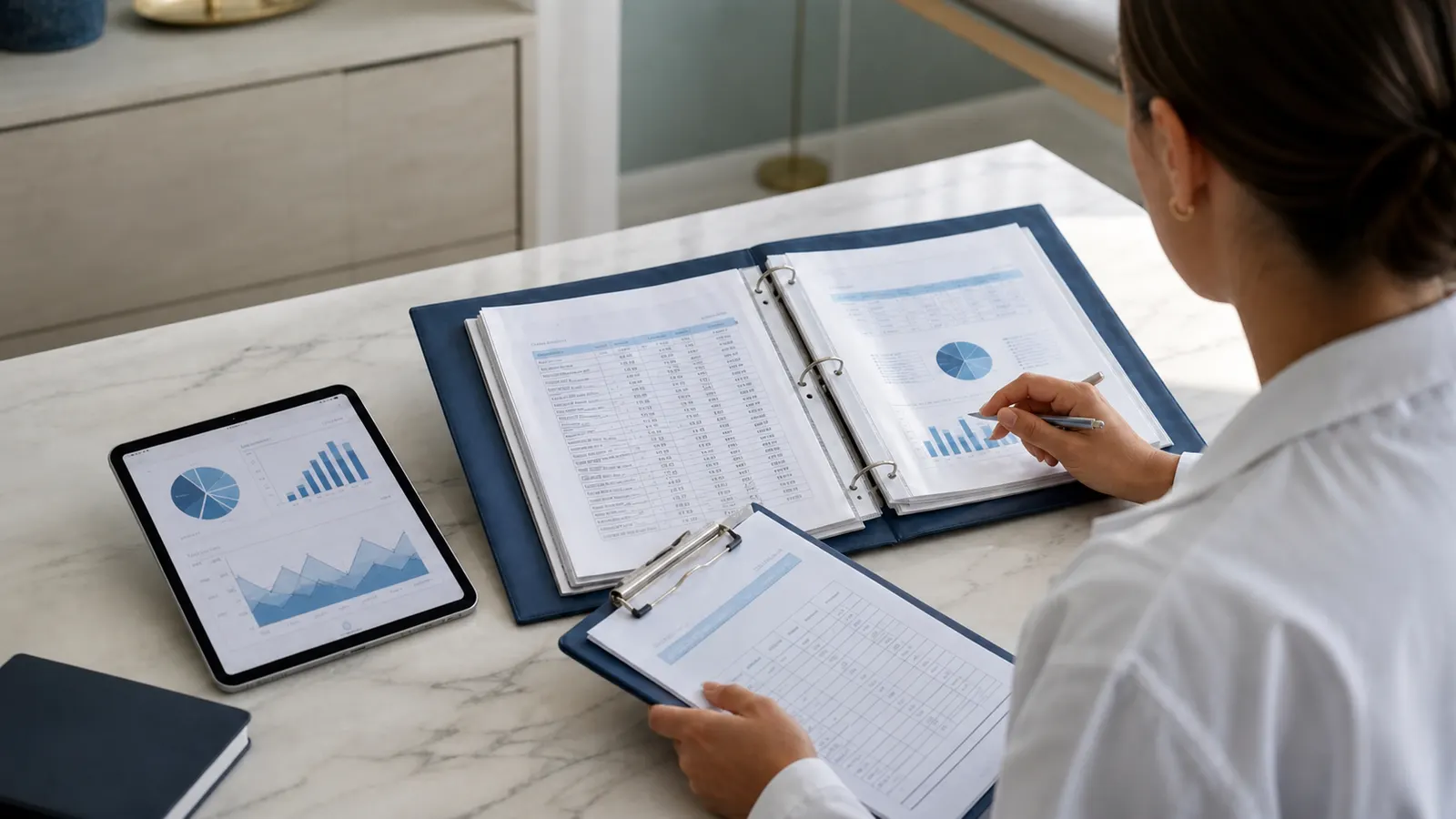 A confident physician in a white coat sitting at a modern desk reviewing a structured medical binder and clipboard in a clean clinical office, with a digital tablet nearby showing organized charts. Soft natural light, professional healthcare environment, top-down and slight angle perspective, no people visible from the front β focus on the desk, documents, and professional medical setting. Muted blue and white tones.