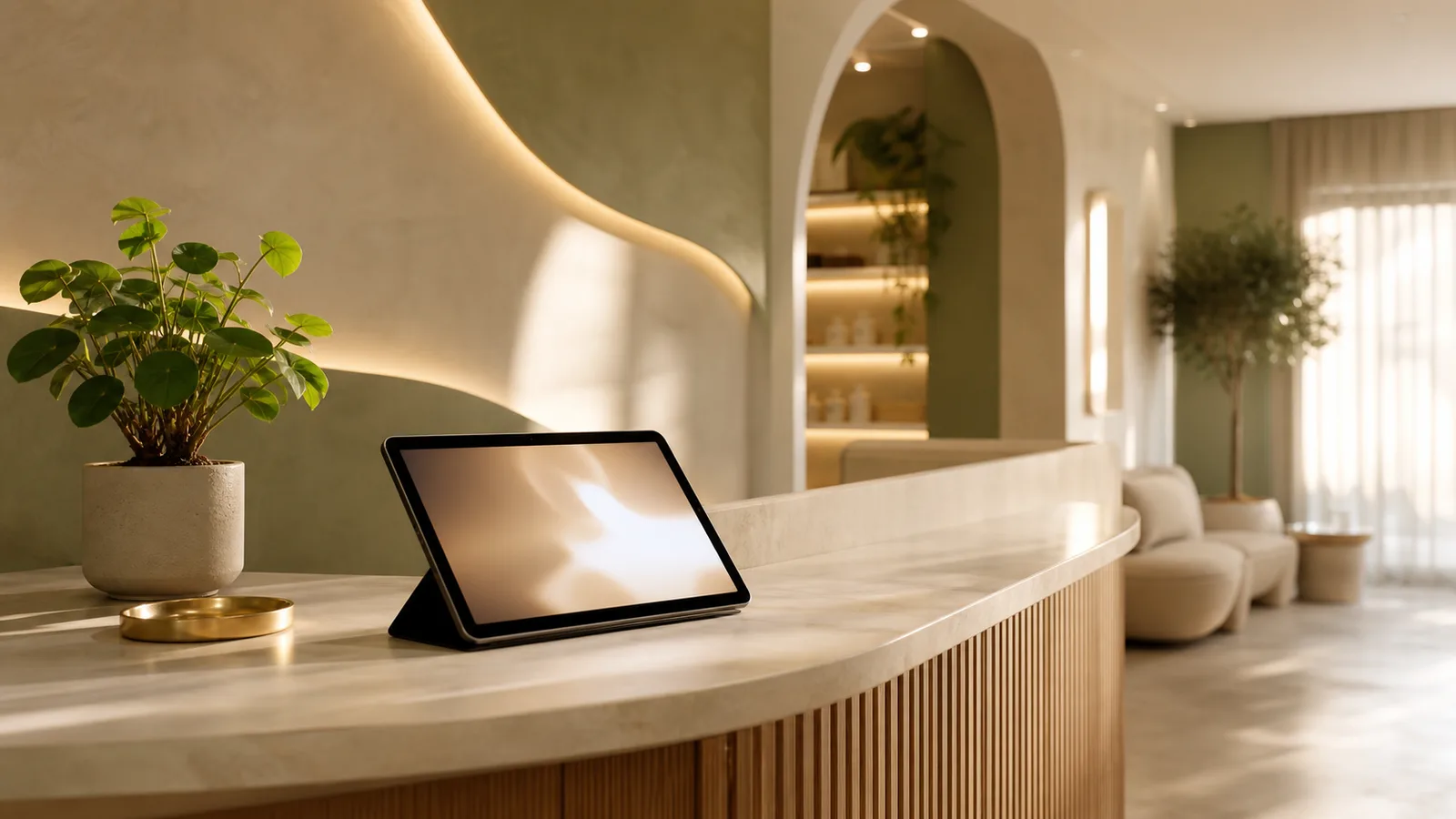 A sleek, modern medical spa reception area with a minimalist front desk, soft ambient lighting, and a glowing tablet or digital interface on the counter. The atmosphere is calm and professional, with aesthetic decor including white walls, subtle greenery, and elegant furniture. A sense of smart automation and seamless patient flow is conveyed through clean lines and a high-tech yet welcoming environment. No people, no text, no words.