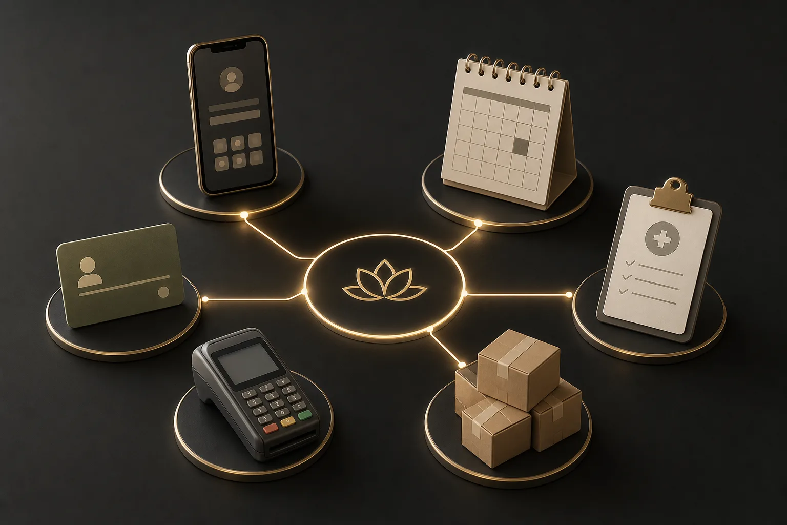 A sleek flat-lay style illustration showing interconnected workflow icons representing a modern medical spa ecosystem: a smartphone, calendar, medical clipboard, inventory boxes, membership card, and payment terminal, all connected by clean glowing lines on a dark background, conveying seamless automation and integration, no people, minimalist and professional aesthetic