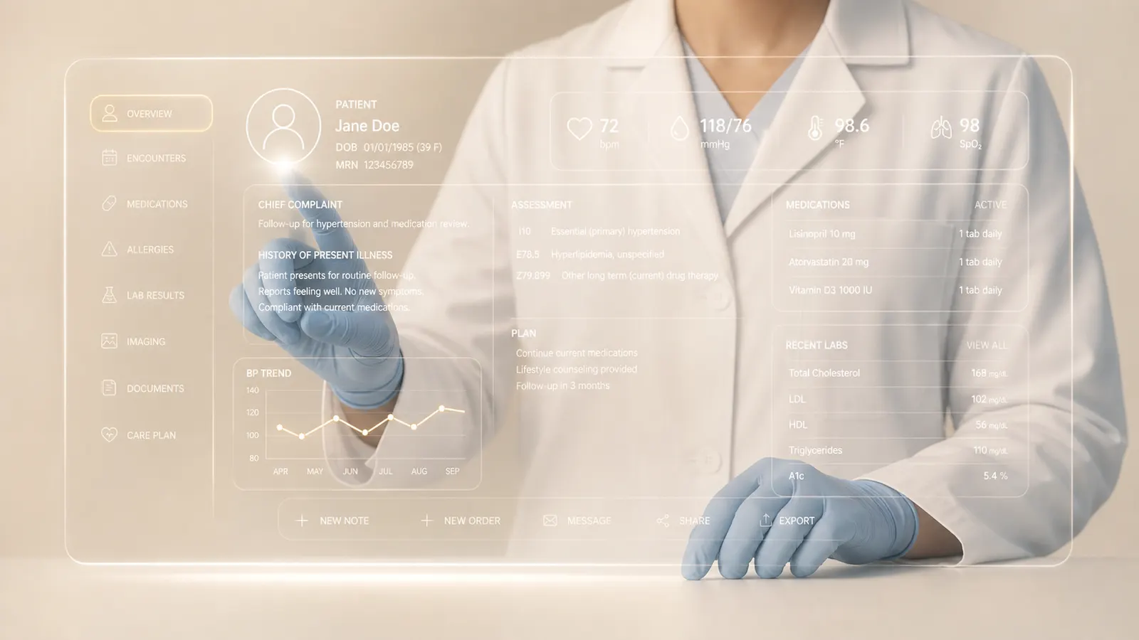 A sleek, modern longevity medicine clinic interior with a clean white and light wood aesthetic, advanced medical equipment, a physician reviewing digital biomarker trend charts on a large monitor, ambient lighting, professional and high-end atmosphere, no people visible at reception desk, photorealistic style